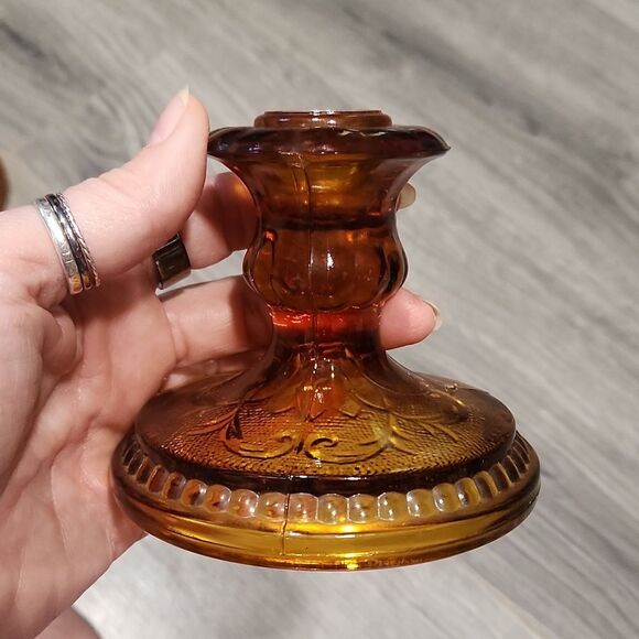 Vintage Set Of 2 Amber Tiara Indiana Glass Short Candlesticks